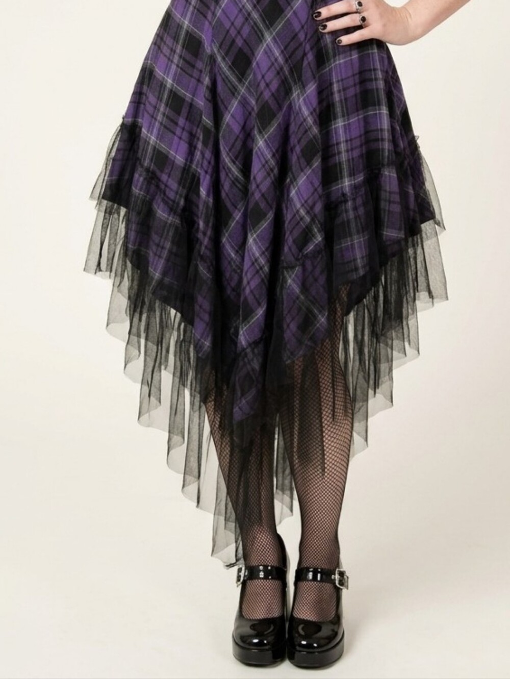 RARE Vintage Lip Service Purple Plaid Ruffle Dress w/Lace Trim & Tuelle, Pockets - Picture 12 of 14